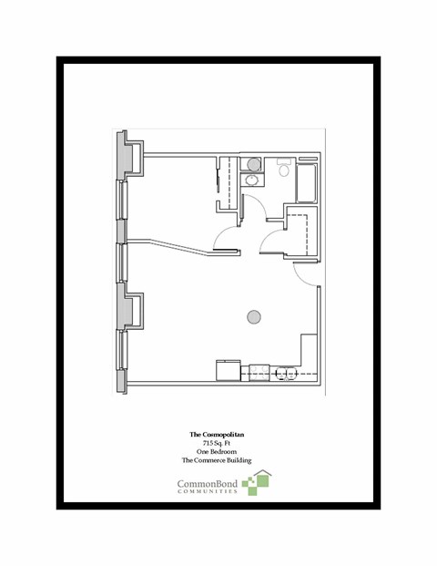 A floor plan of a one-bedroom apartment in The Copoplitan.